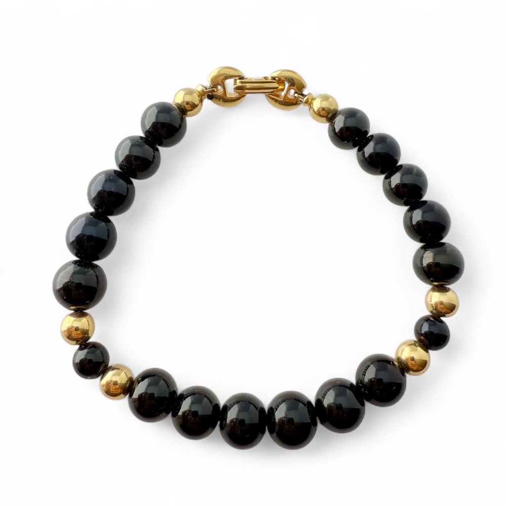 Vintage Trifari Signed Goldtone Black Glass Ball Beaded Bracelet